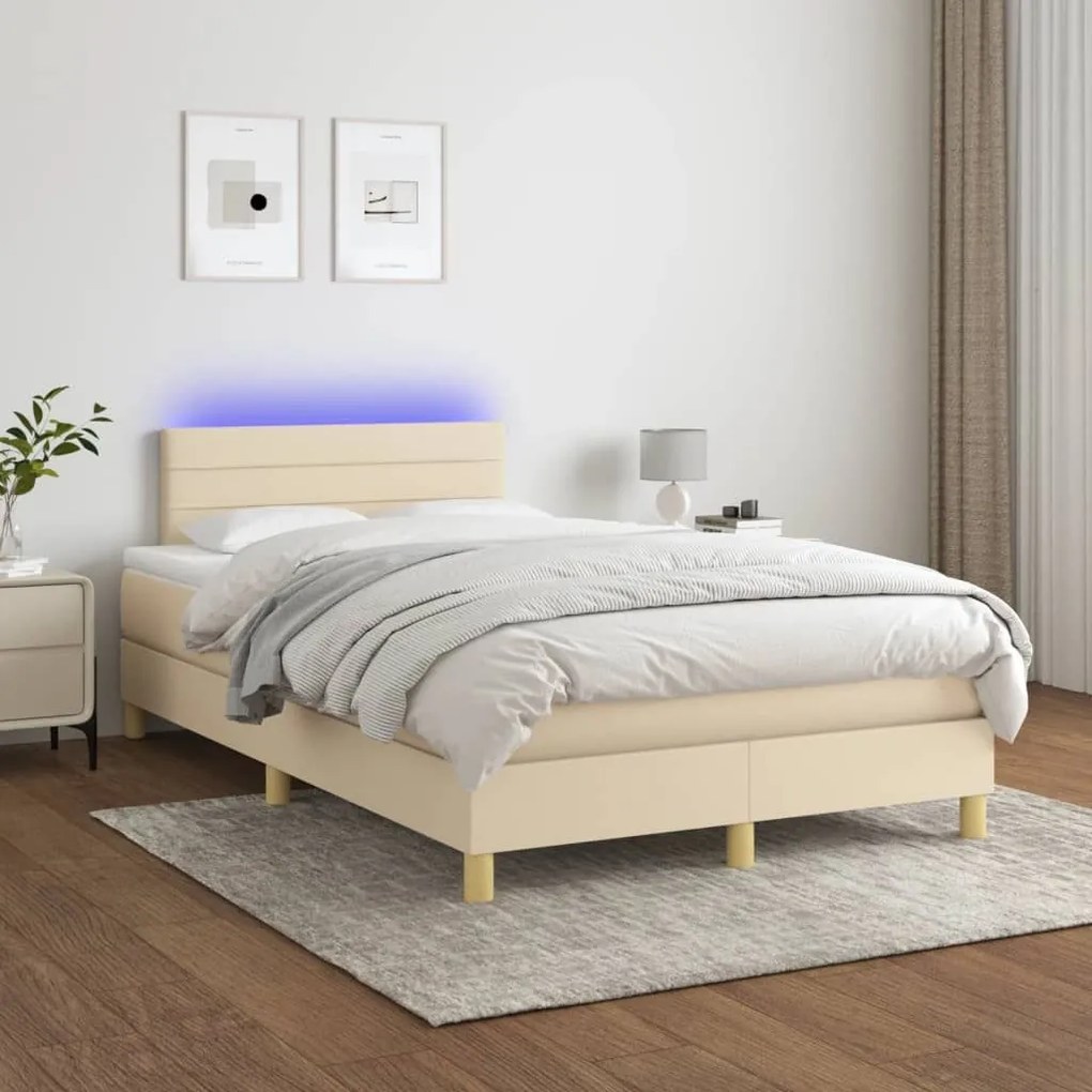 Κρεβάτι Boxspring με Στρώμα &amp; LED Κρεμ 120x190 εκ. Υφασμάτινο - Κρεμ