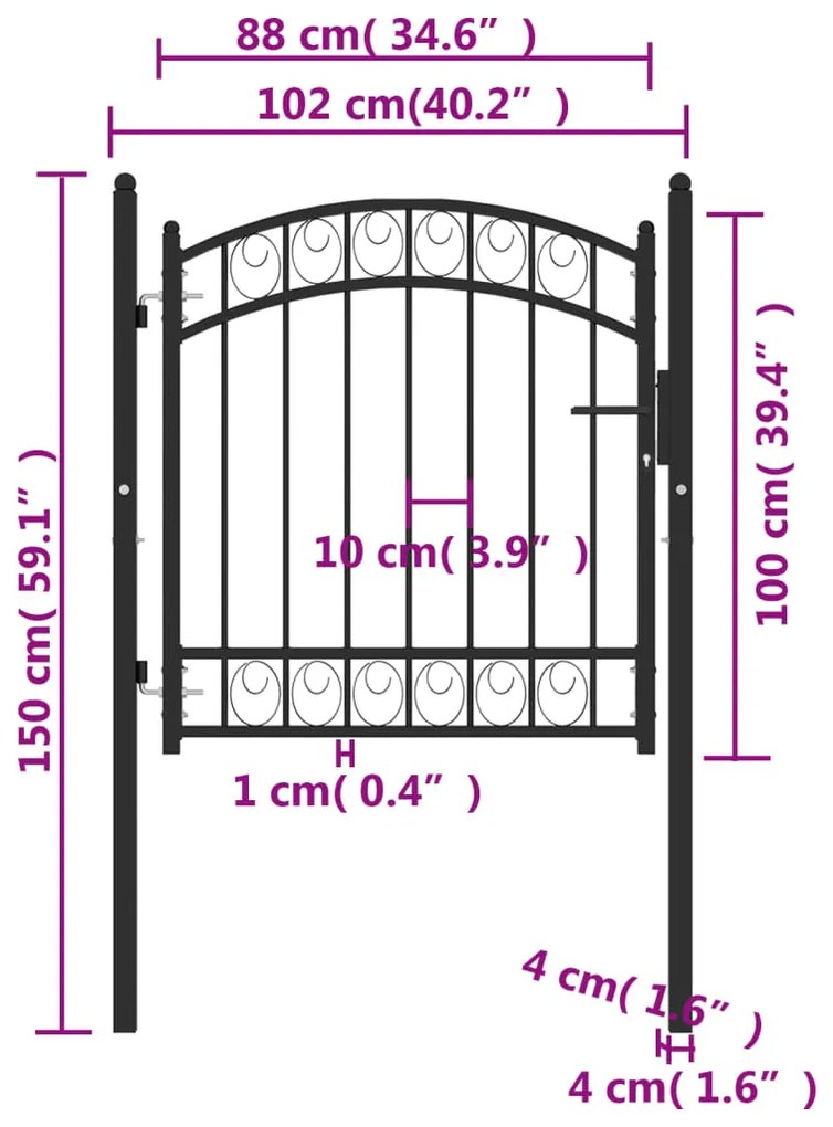 vidaXL Πόρτα Περίφραξης με Αψιδωτή Κορυφή Μαύρη 100 x 100 εκ. Ατσάλινη