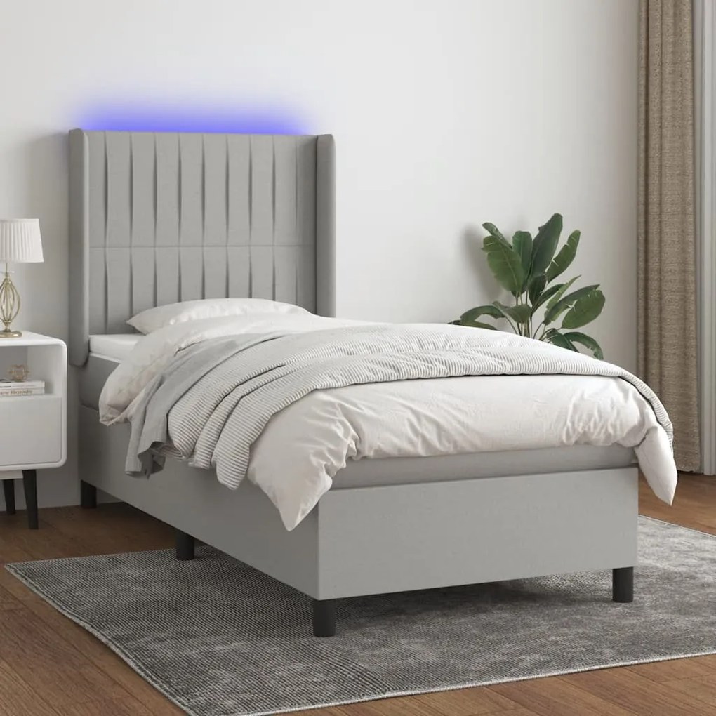 Κρεβάτι Boxspring με Στρώμα & LED Αν.Γκρι 90x190 εκ. Υφασμάτινο