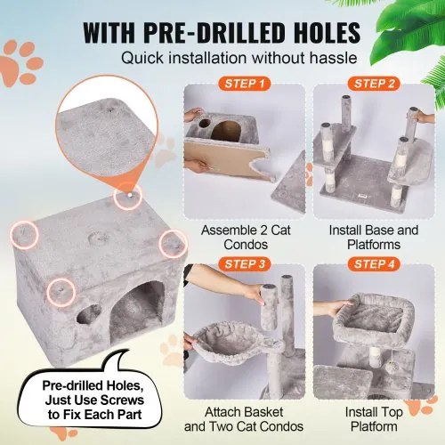 VEVOR Cat Tree 68.5&quot; Cat Tower with Cat Condos Sisal Scratching Post Light Grey