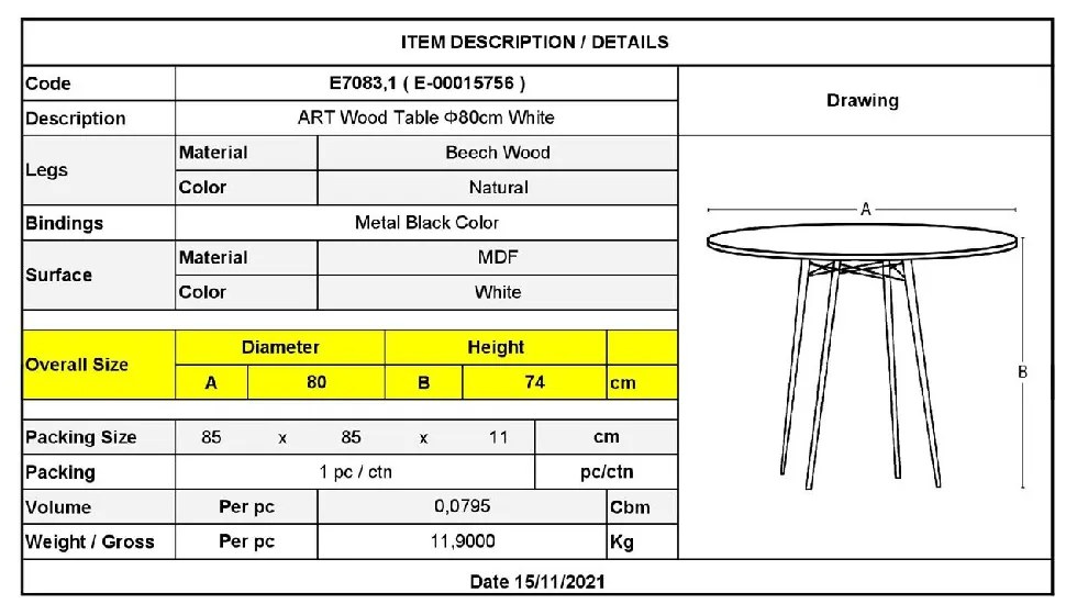 ART WOOD TΡΑΠΕΖΙ, ΠΟΔΙΑ ΟΞΙΑ ΦΥΣΙΚΟ, ΕΠΙΦΑΝΕΙΑ MDF ΑΣΠΡΟ