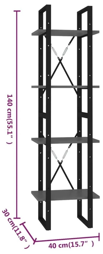 Βιβλιοθήκη με 4 Ράφια Γκρι 40 x 30 x 140 εκ. από Επεξ. Ξύλο - Γκρι