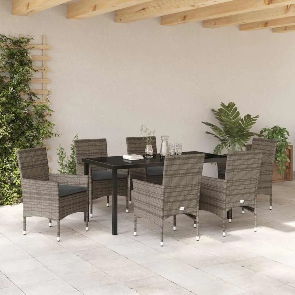 vidaXL Σέτ φαγητού για κήπο με μαξιλάρι 7 pcs Γκρι Πολυ ράταν