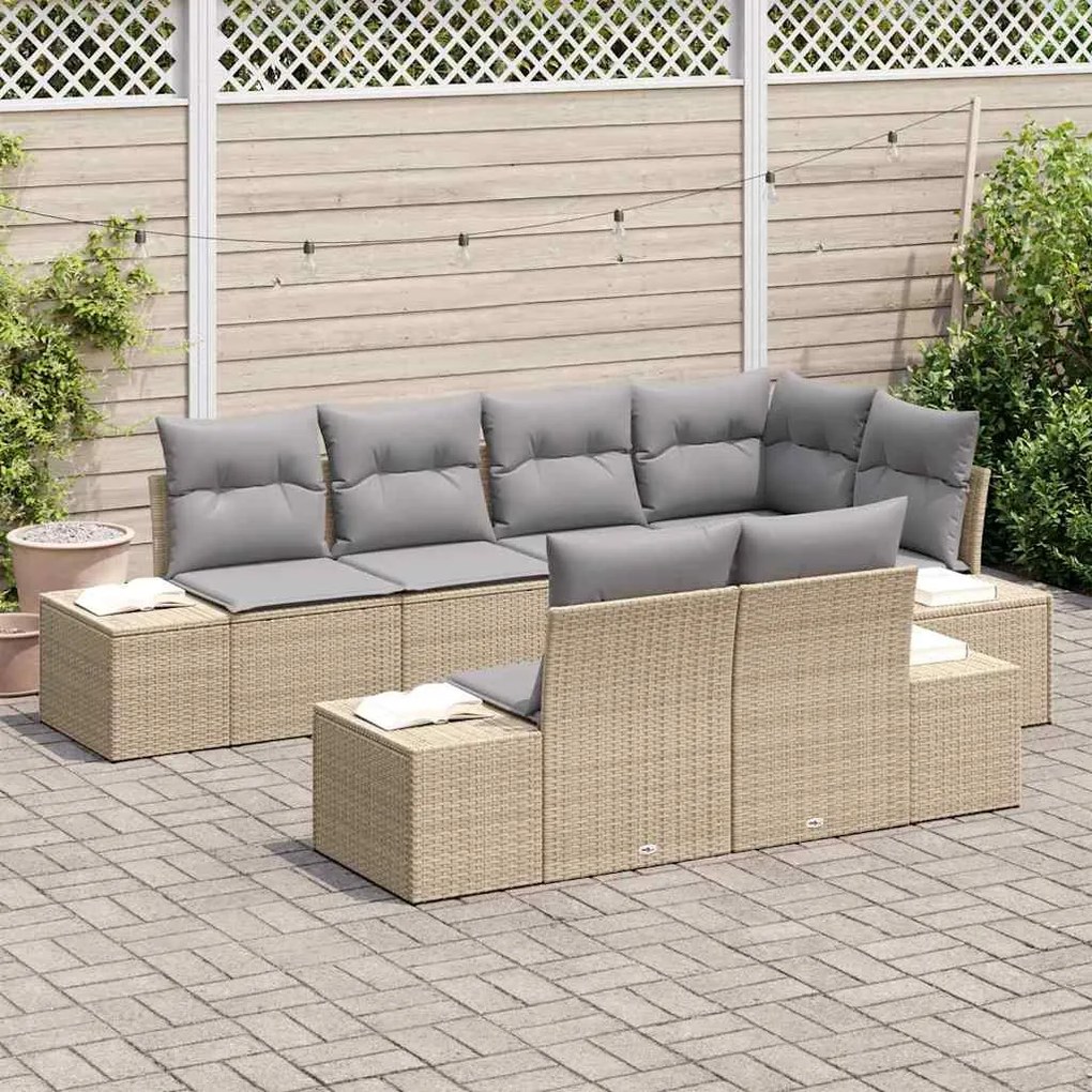 vidaXL Σετ Καναπέ Κήπου με μαξιλάρι 7 pcs Μπεζ, γκρι Πολυ ράταν
