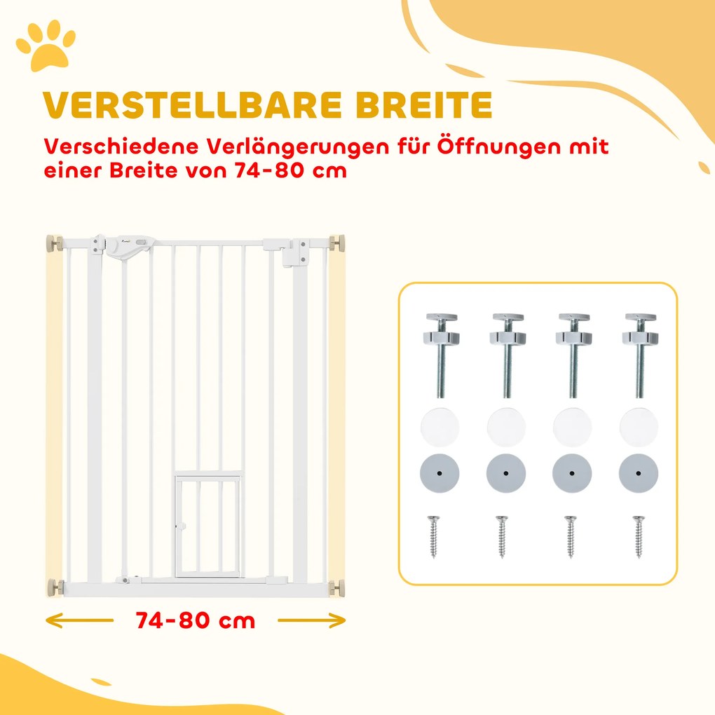Πόρτα ασφαλείας PawHut με πορτάκι για γάτες, χωρίς τρύπημα, μεταβλητό πλάτος 74-80 cm, άνοιγμα με ένα χέρι, μέταλλο, λευκό