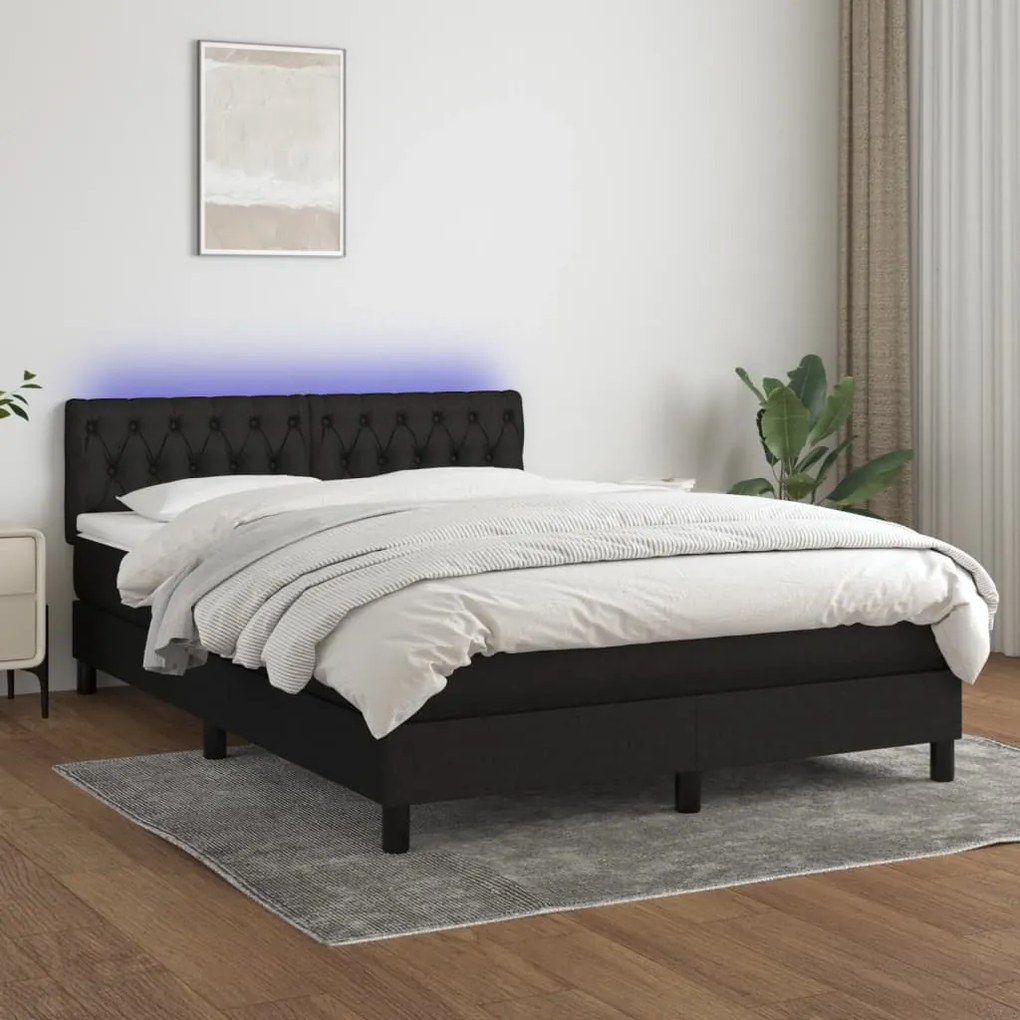 Κρεβάτι Boxspring με Στρώμα &amp; LED Μαύρο 140x200 εκ. Υφασμάτινο - Μαύρο