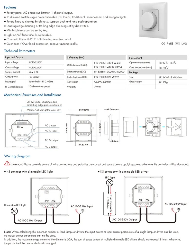 GloboStar® 71456 KS SKYDANCE AC Smart RF 2.4Ghz &amp; Ροοστάτη Triac Dimming AC100-240V σε AC100-240V 1 x 1.5A 360W - Max 1.5A 360W - IP20 - Λευκό Σώμα - Μ8.5 x Π8.5 x Υ5.2cm - 5 Years Warranty