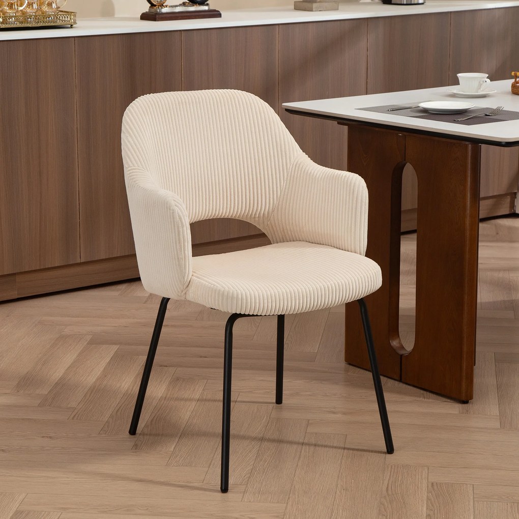 HOMCOM Καρέκλα τραπεζαρίας, κοτλέ ύφασμα, σχήμα κέλυφος, μεταλλικά πόδια, υποπόδια, μπεζ