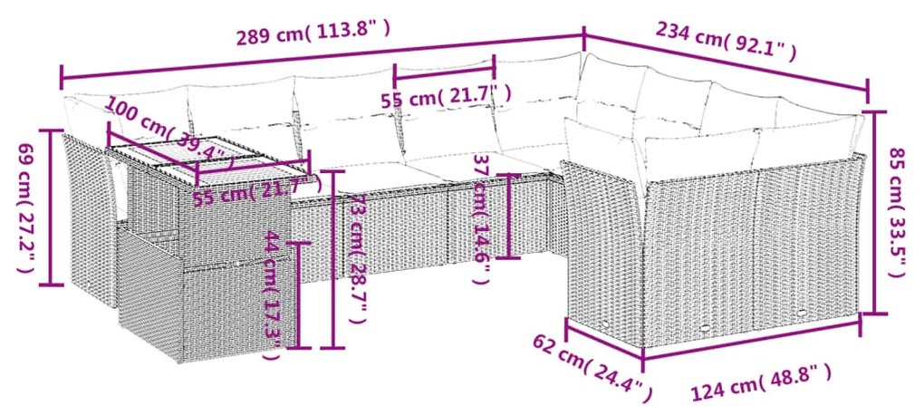 vidaXL Σαλόνι Κήπου Σετ 10 Τεμαχίων Μαύρο Συνθετικό Ρατάν με Μαξιλάρια