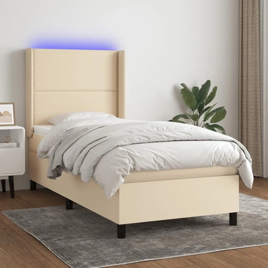 ΚΡΕΒΑΤΙ BOXSPRING ΜΕ ΣΤΡΩΜΑ &amp; LED ΚΡΕΜ 90X200 ΕΚ. ΥΦΑΣΜΑΤΙΝΟ 3138210