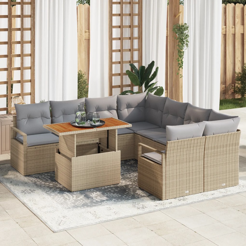 vidaXL Σετ Καναπέ Κήπου με μαξιλάρι 9 pcs Μπεζ και Γκρι Μεγάλο