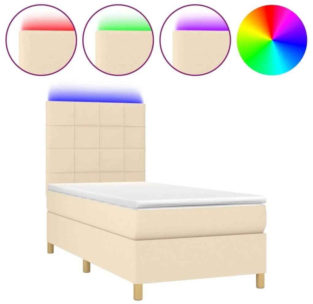 Κρεβάτι Boxspring με Στρώμα &amp; LED Κρεμ 90x190 εκ. Υφασμάτινο - Κρεμ