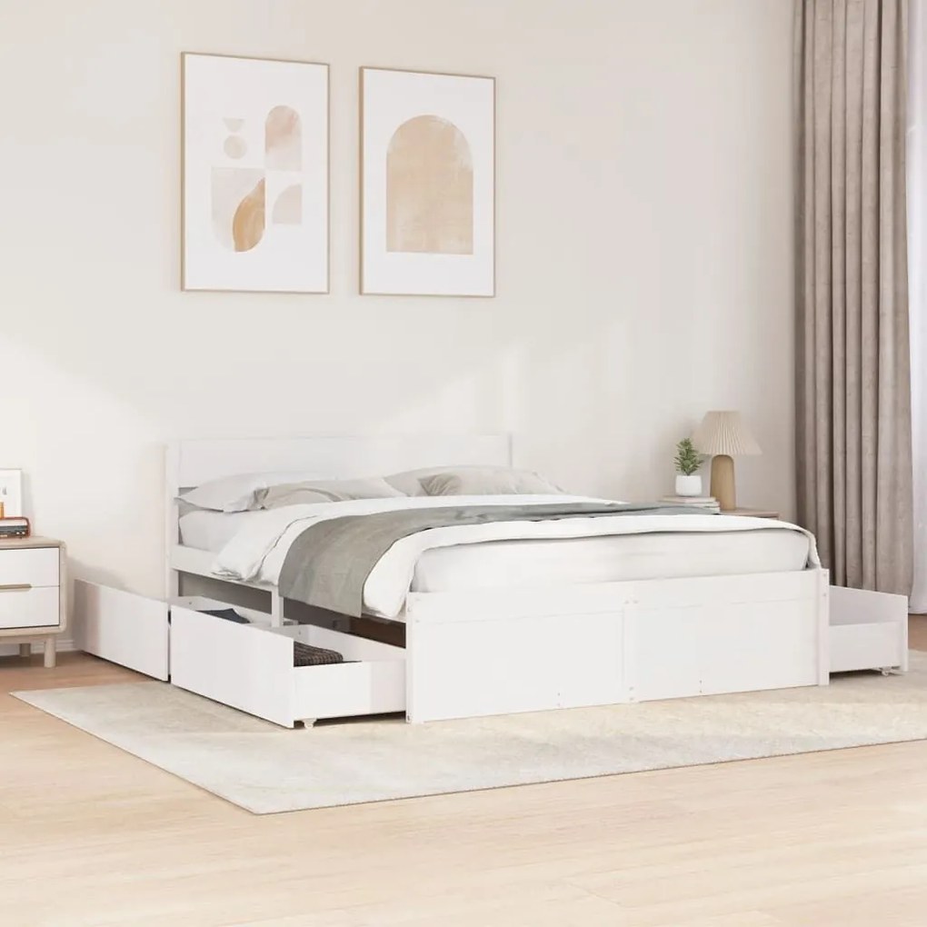 Πλαίσιο Κρεβατιού με Συρτάρια Λευκό 160x200εκ Μασίφ Ξύλο Πεύκου - Λευκό