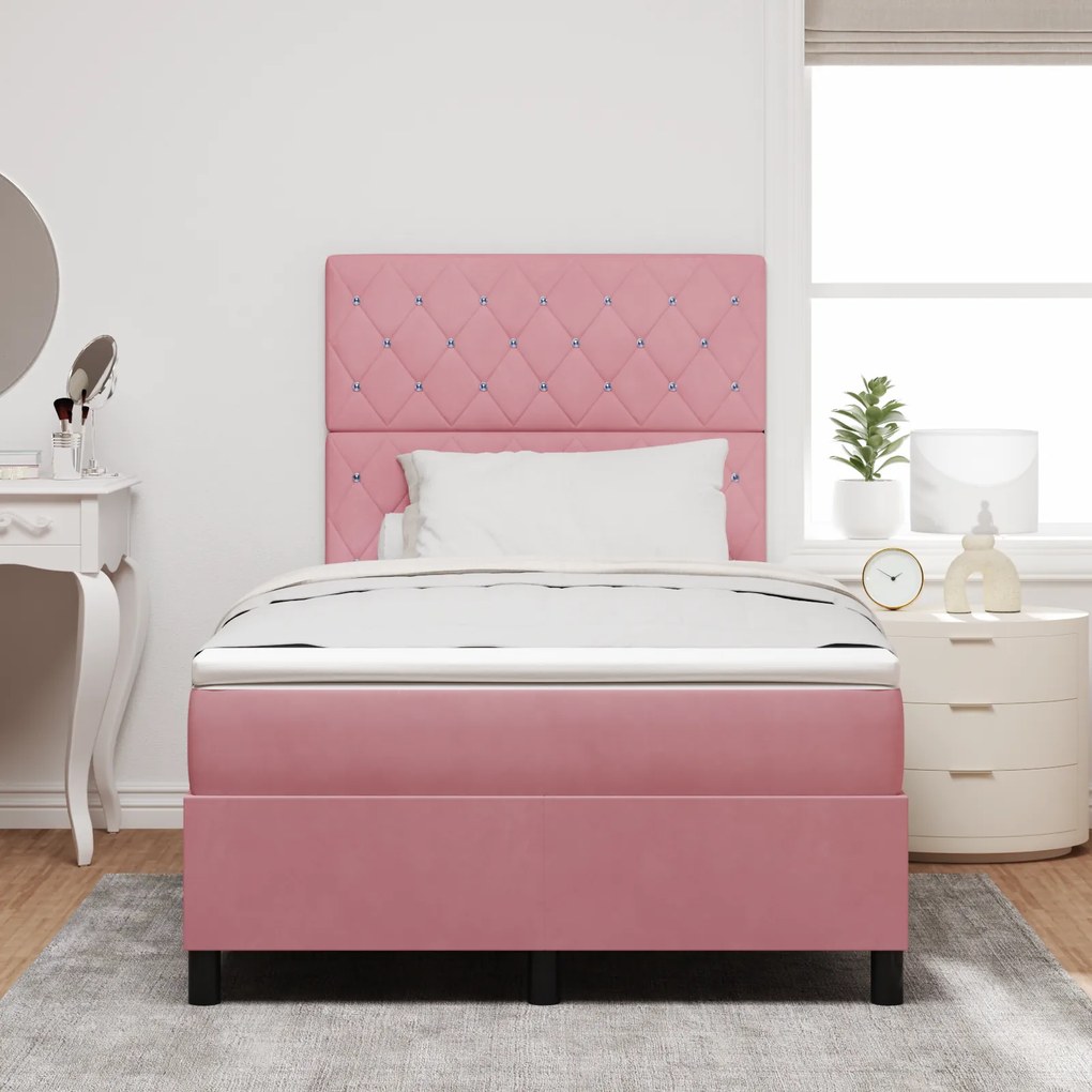 vidaXL Κρεβάτι Box Spring με Στρώμα & LED Ροζ 120x200 εκ Βελούδο