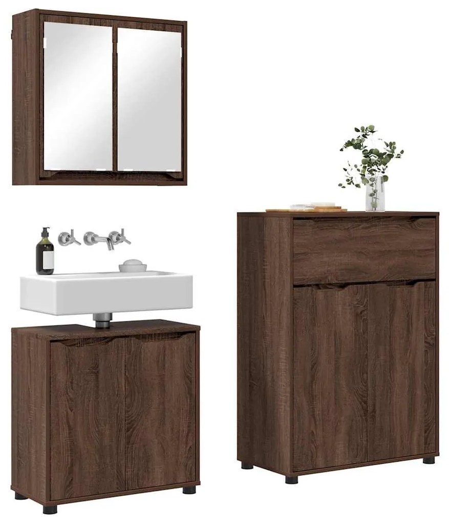 vidaXL Σετ Επίπλων Μπάνιου με ράφι 3 pcs Καφέ δρυς Επεξεργασμένο ξύλο