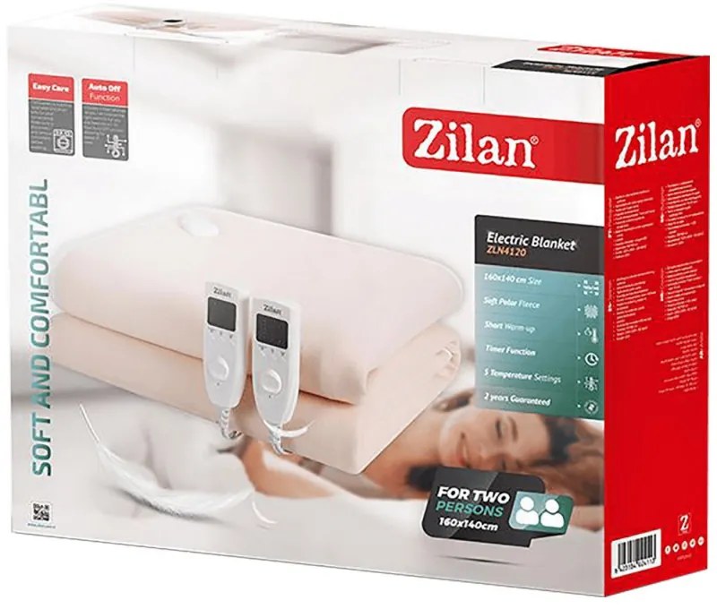 Διπλή θερμαινόμενη ηλεκτρική κουβέρτα Zilan ZLN4120, 120W, 160x140, 5 επιλογές θερμοκρασίας, Ρυθμιζόμενο χρονοδιακόπτη, Πλενόμενη, Μαλακό ύφασμα, Μπεζ