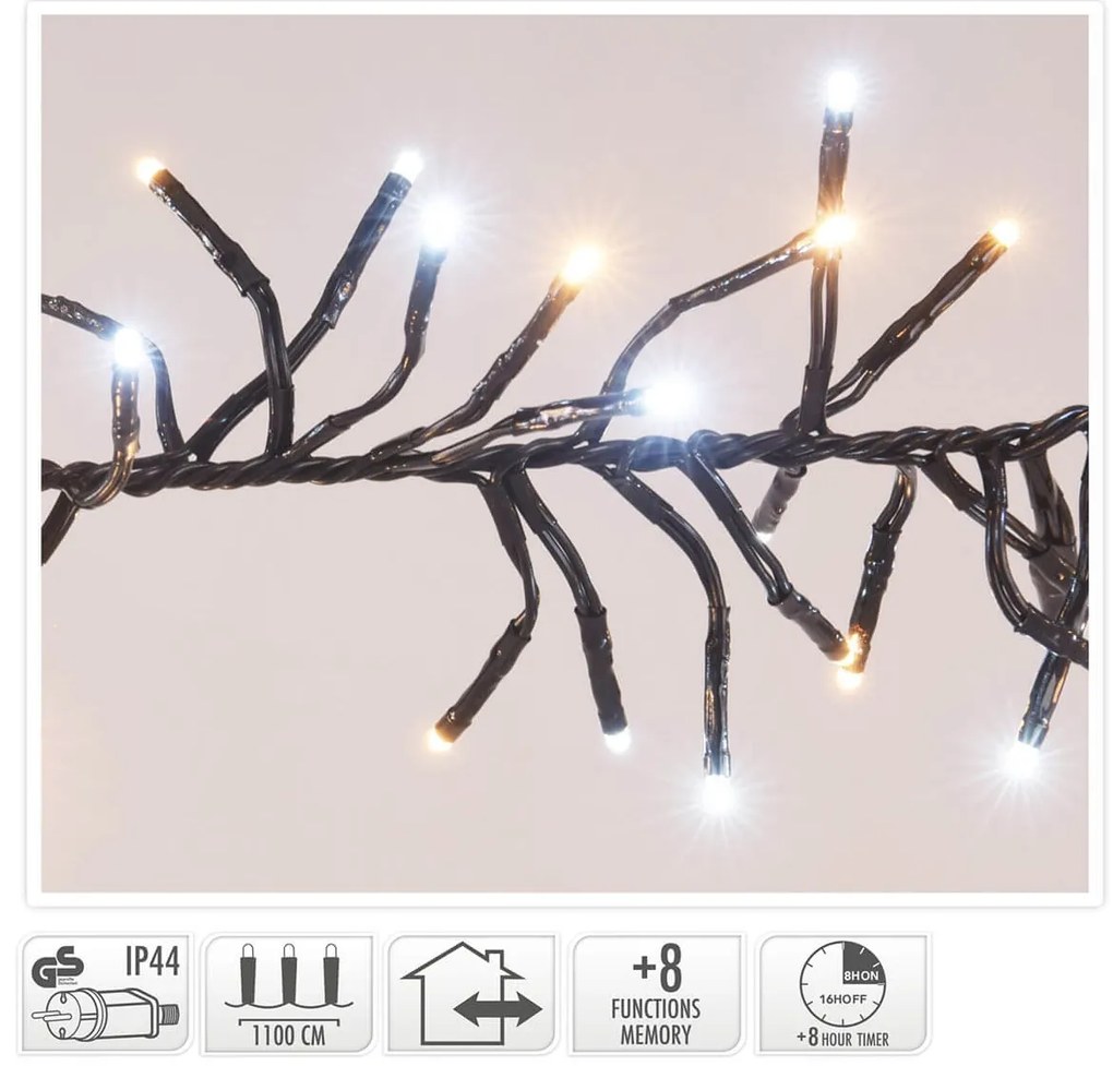 1512 Φωτάκια LED - 11 Μέτρα + 3 Μέτρα σύνδεσης, Κανονική Διάταξη, με χειριστήριο, 8 προγράμματα, Μαύρο καλώδιο PVC - Λευκό, Θερμό Λευκό