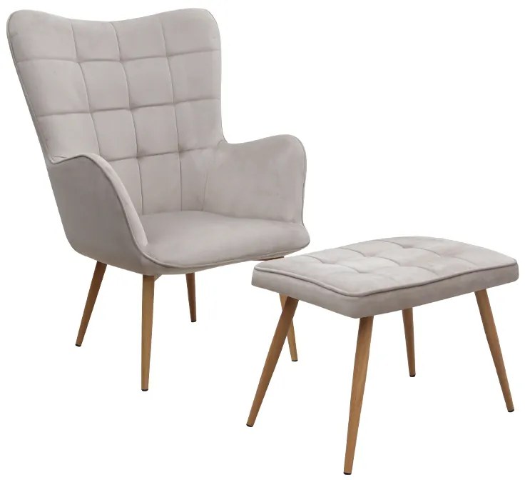 Πολυθρόνα - Μπερζέρα με υποπόδιο Lily Megapap μπεζ βελούδο - μεταλλικό πόδι χρώμα φυσικό 70x62x98εκ.