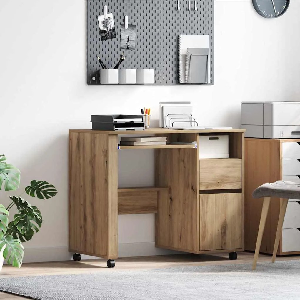 vidaXL Γραφείο με Ρόδες με συρτάρι artisan δρυς 91 x 50 x 77 εκ.