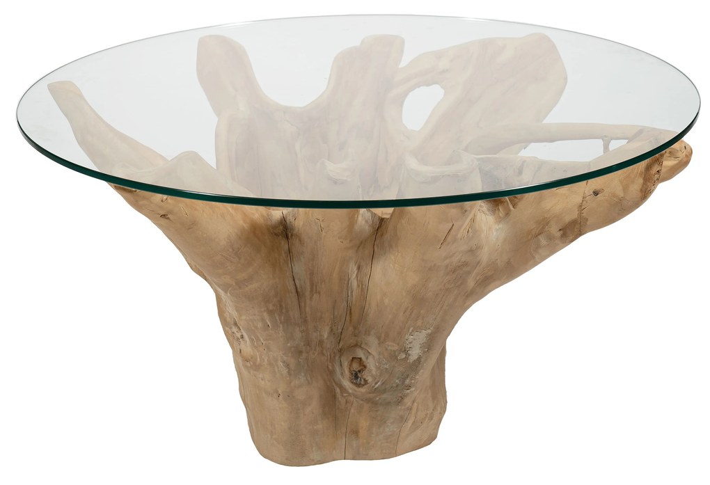 Coffee Table S Line ρίζα με γυάλινη επιφάνεια Ø90cm X Y50cm S1614-00N3