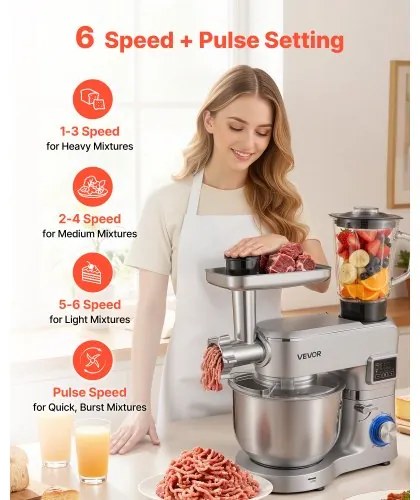VEVOR Stand Mixer, 5.7 L Electric Kitchen Mixer, 1500W Dough-Mixer, 6+P Speeds Tilt-head Food-Mixer with 1.5 L Blender Cup, Stainless Steel Bowl, Dough Hook, Whisk, Beater, for Baking, Mixing, Silver
