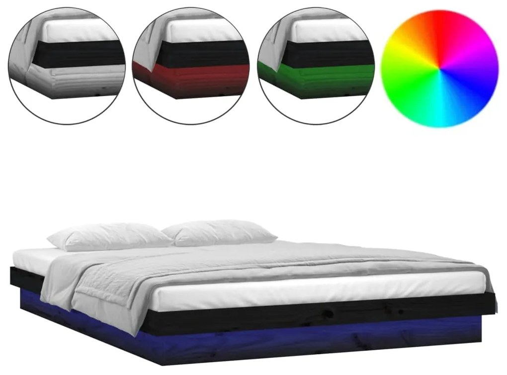 vidaXL Πλαίσιο Κρεβατιού με LED Μαύρο 135x190εκ Μασίφ Ξύλο 4FT6 Double