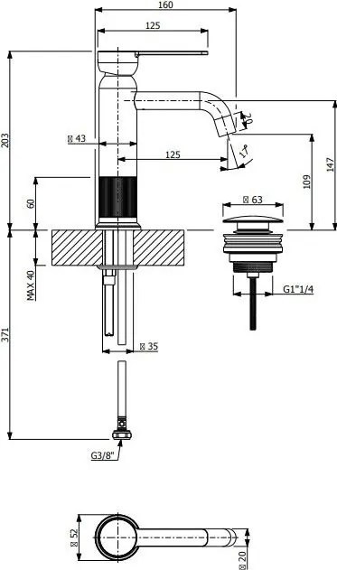 Μπαταρία νιπτήρα με βαλβίδα Clic-Clac Lumiere Vicario-Brass