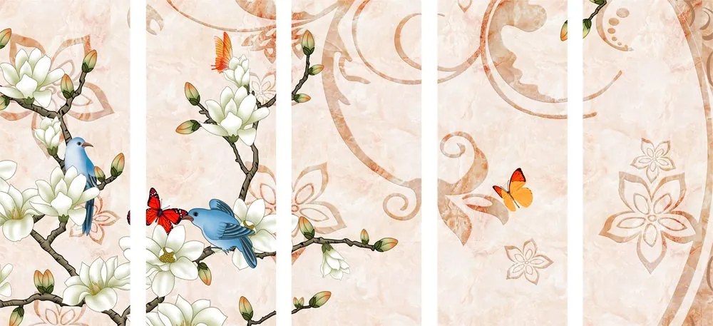 Εικόνα 5 μερών vintage νεκρή φύση με πουλιά και πεταλούδες - 100x50