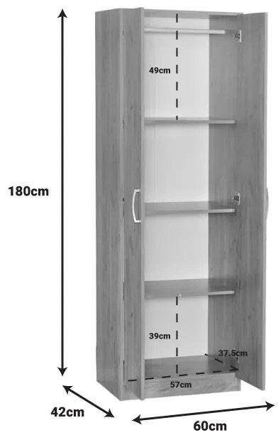 Ντουλάπα Jonar δίφυλλη oak μελαμίνης 60x42x180εκ