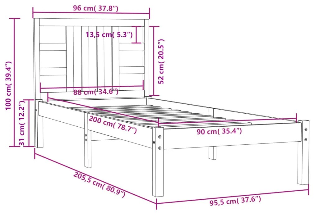 vidaXL Πλαίσιο Κρεβατιού 90 x 200 εκ. από Μασίφ Ξύλο