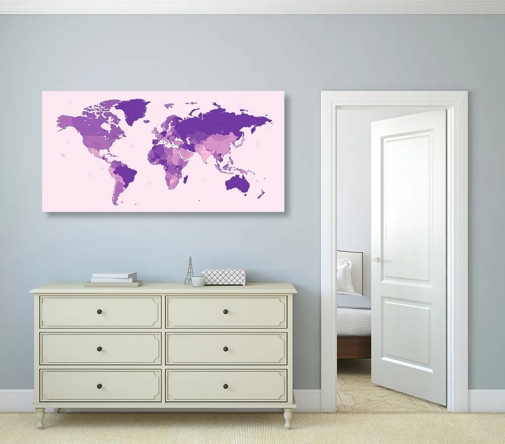 Εικόνα ενός λεπτομερούς παγκόσμιου χάρτη από φελλό σε μωβ - 100x50  arrow