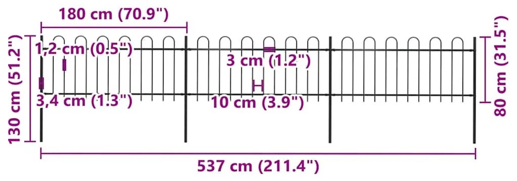 vidaXL Φράχτης Κήπου με Κορυφή από Ατσάλι, Μαύρος 537 x 80 εκ.