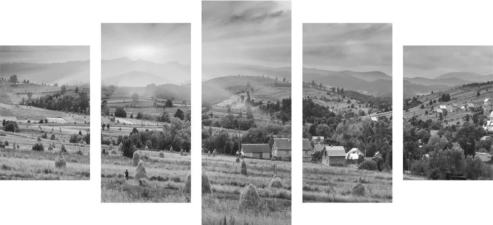 Εικόνα 5 μερών σανού στα Καρπάθια βουνά σε ασπρόμαυρο