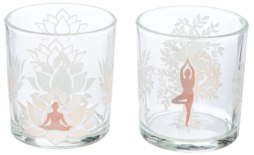 Φανάρι Καταιγίδας Cylindrical -Namaste- Δέντρο Motif Lotus Motif Yoga Motif Γυάλινο Brown Clear PU 18 Pcs. Assorted H. c