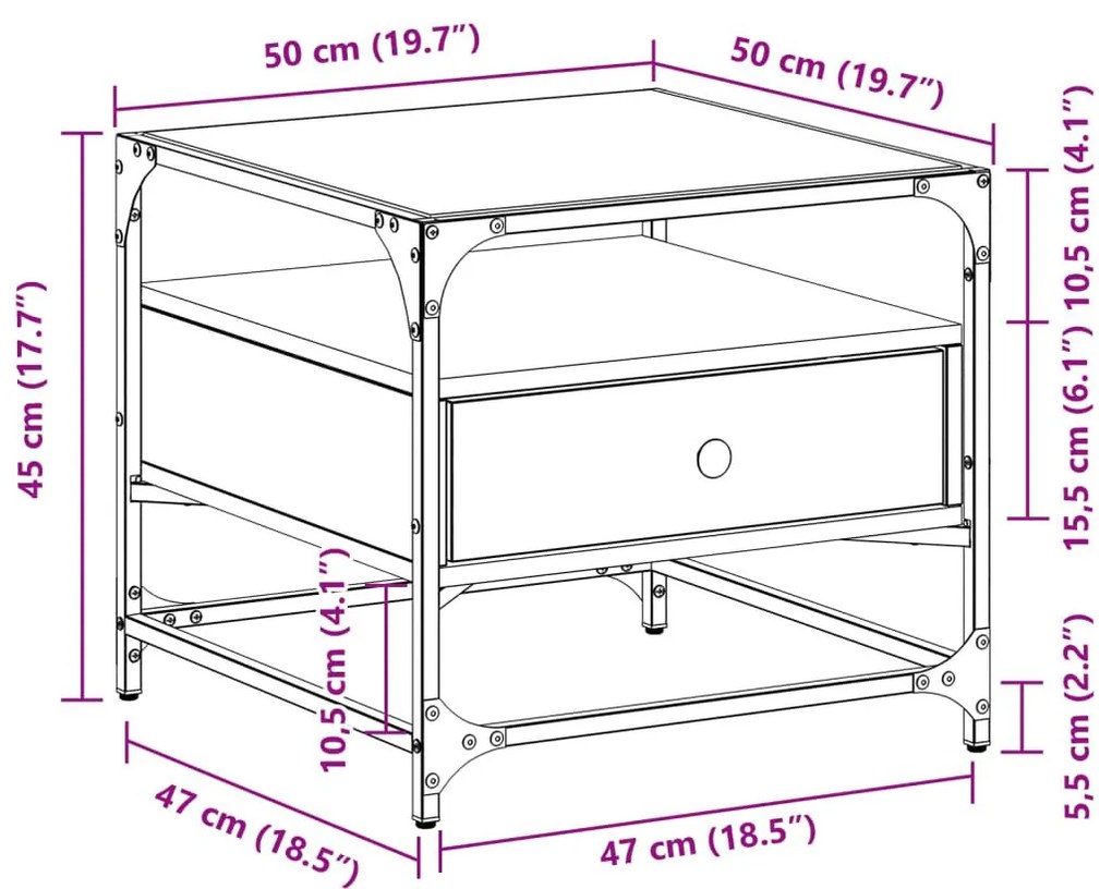 Τραπεζάκι Σαλονιού Γυάλινη Επιφ. Sonoma Δρυς 50x50x45εκ. Ατσάλι - Καφέ