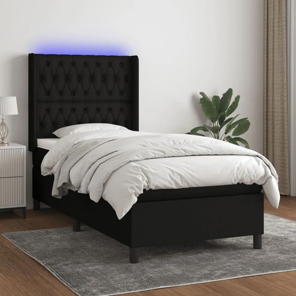 Κρεβάτι Boxspring με Στρώμα &amp; LED Μαύρο 90x190 εκ. Υφασμάτινο - Μαύρο