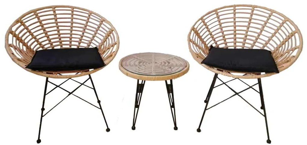 Coral Set SALSA (Τρ.Φ45cm+2Πολ) Μετ.Μαύρο/Wicker Φυσικό,
