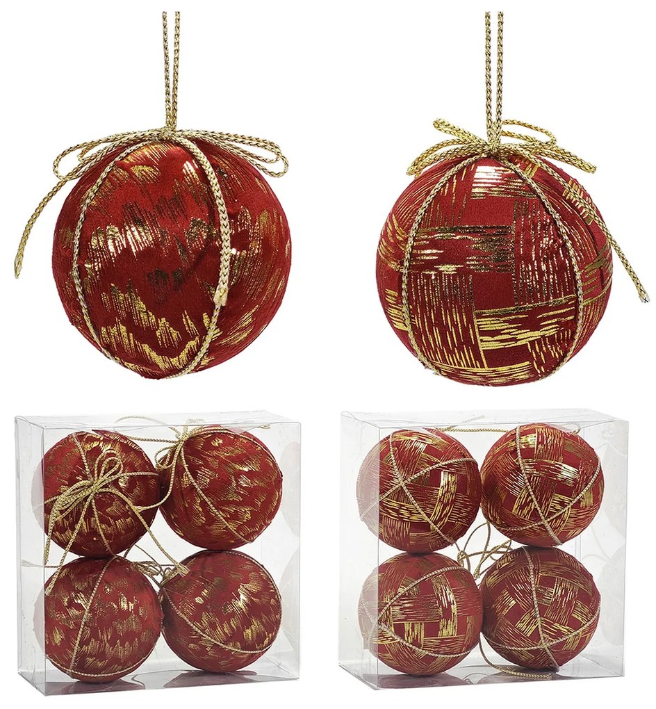 Χριστουγεννιάτικη Μπάλα Κόκκινο 100mm Σετ 4Τμχ Σε 2 Σχέδια