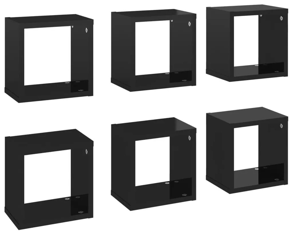 Ράφια Κύβοι Τοίχου 6 τεμ. Γυαλιστερό Μαύρο 22 x 15 x 22 εκ. - Μαύρο