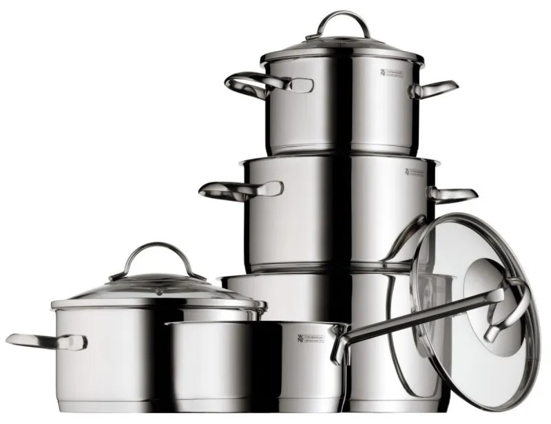 Σετ κατσαρόλες WMF Provence Plus 5, 9 μέρη, Ανοξείδωτο ατσάλι 18/10, Πάτος TransTherm πολλαπλών στρώσεων, Επαγωγή, Ασημί