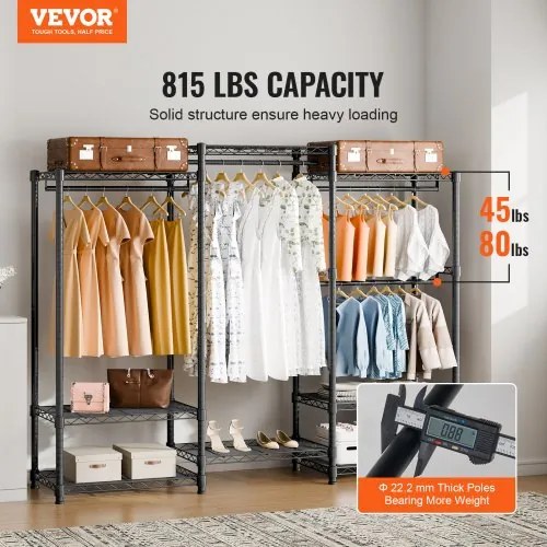 VEVOR Heavy Duty Clothes Rack, Rolling Clothing Garment Rack with 4 Hang Rods &amp; 8 Storage Tiers, Adjustable Custom Closet Rack, Freestanding Wardrobe for Hanging Clothes, 800 lbs Load Capacity