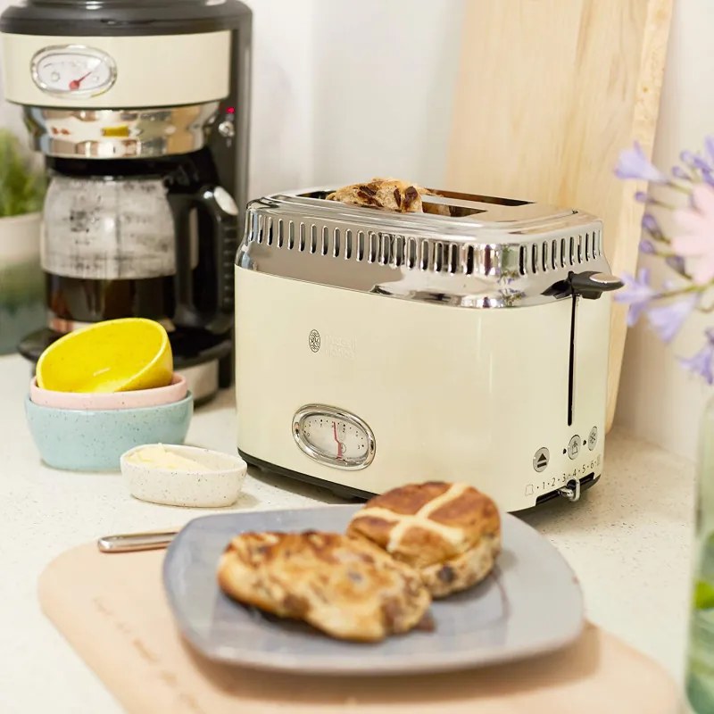 Russell Hobbs Retro Vintage Κρέμα Τοστιέρα 21682-56, 1300W, 2 φέτες, 6 επίπεδα, Κλίμακα ένδειξης ρετρό, Lift & Look, Γρήγορη φρυγανιά, Κρέμα/Inox