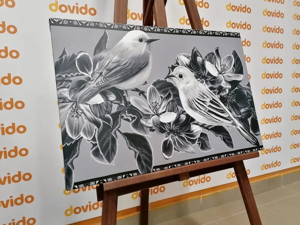 Εικόνα ασπρόμαυρων πουλιών και λουλουδιών σε vintage σχέδιο - 120x80