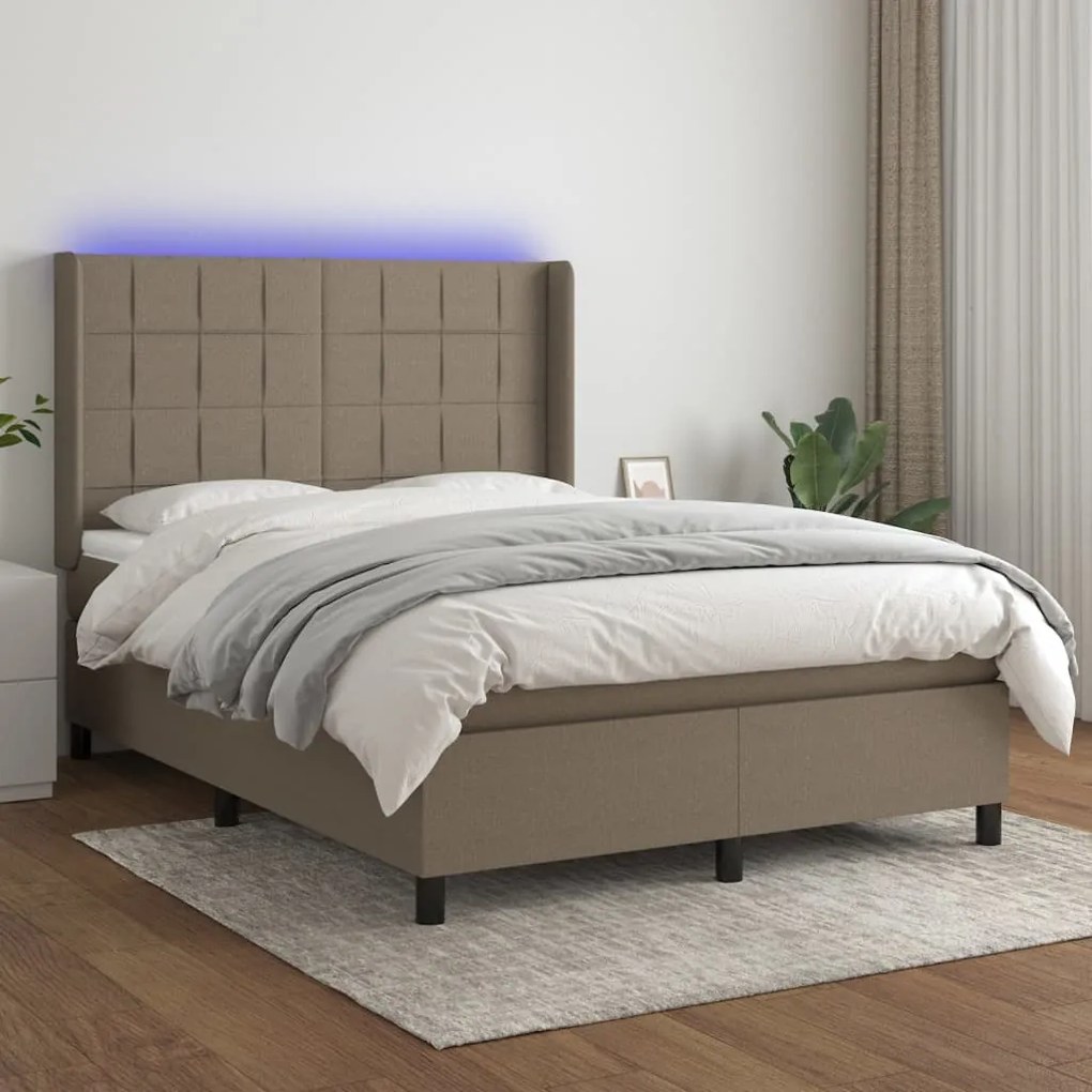 Κρεβάτι Boxspring με Στρώμα & LED Taupe 140x200 εκ. Υφασμάτινο