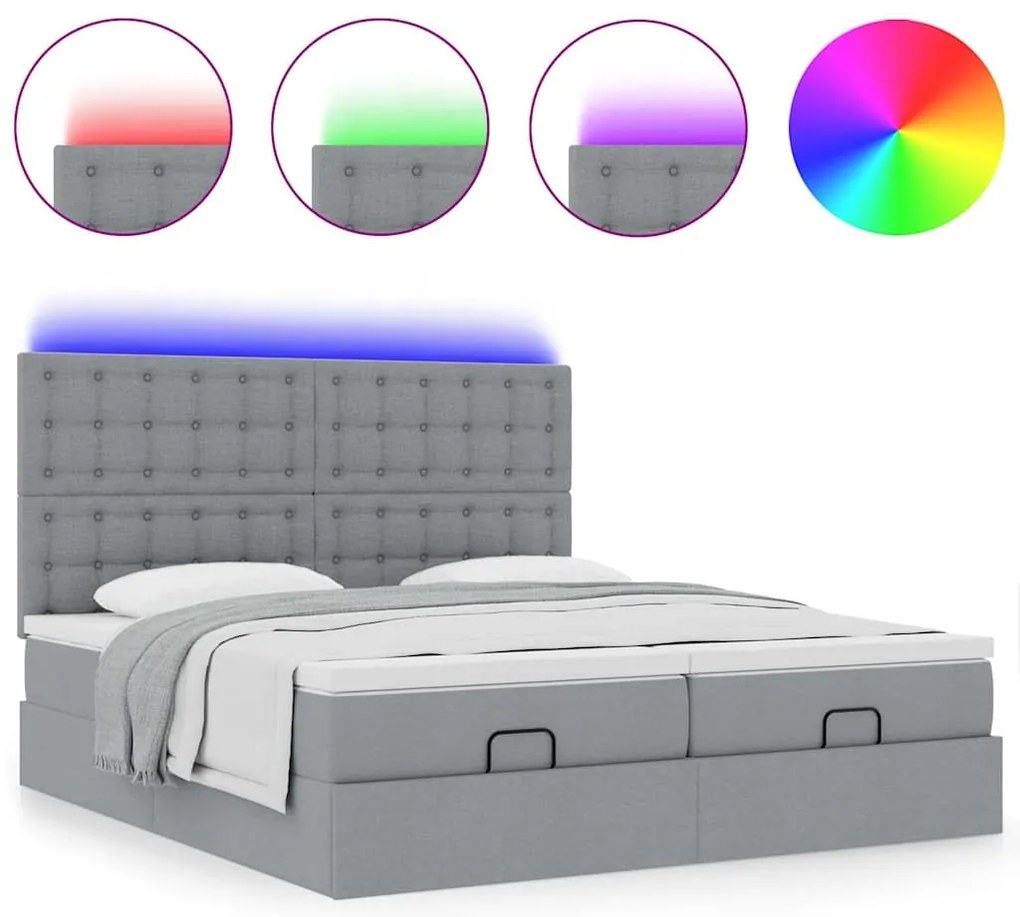 vidaXL Οθωμανικό κρεβάτι με στρώματα & LEDs Ανοιχτό γκρι ύφασμα