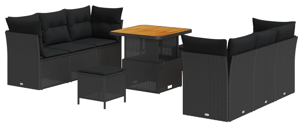 vidaXL Σετ Καναπέ Κήπου 9 Τεμαχίων με Μαξιλάρια Μαύρο Πολυ Ράτα Ακακία