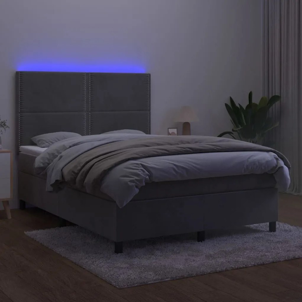 Κρεβάτι Boxspring με Στρώμα&amp;LED Αν. Γκρι 140x190 εκ. Βελούδινο - Γκρι