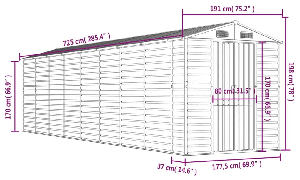 Αποθήκη Κήπου Ανοιχτό Γκρι 191x725x198 εκ. Γαλβανισμένο Ατσάλι - Γκρι