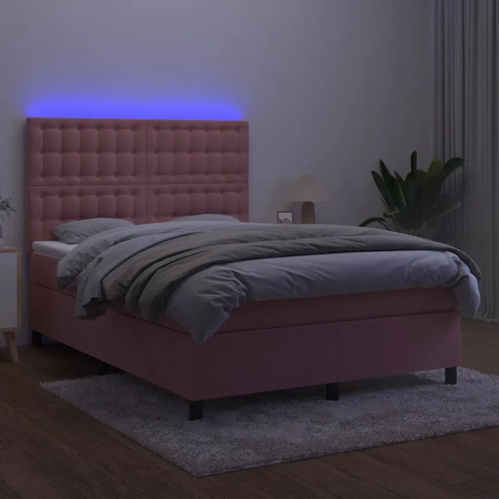 Κρεβάτι Boxspring με Στρώμα &amp; LED Ροζ 140x200 εκ. Βελούδινο - Ροζ