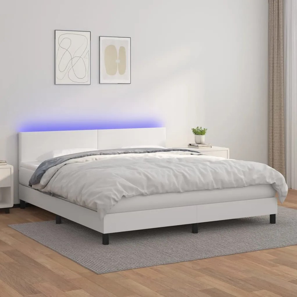 Κρεβάτι Boxspring με Στρώμα & LED Λευκό 180x200 εκ. Συνθ. Δέρμα